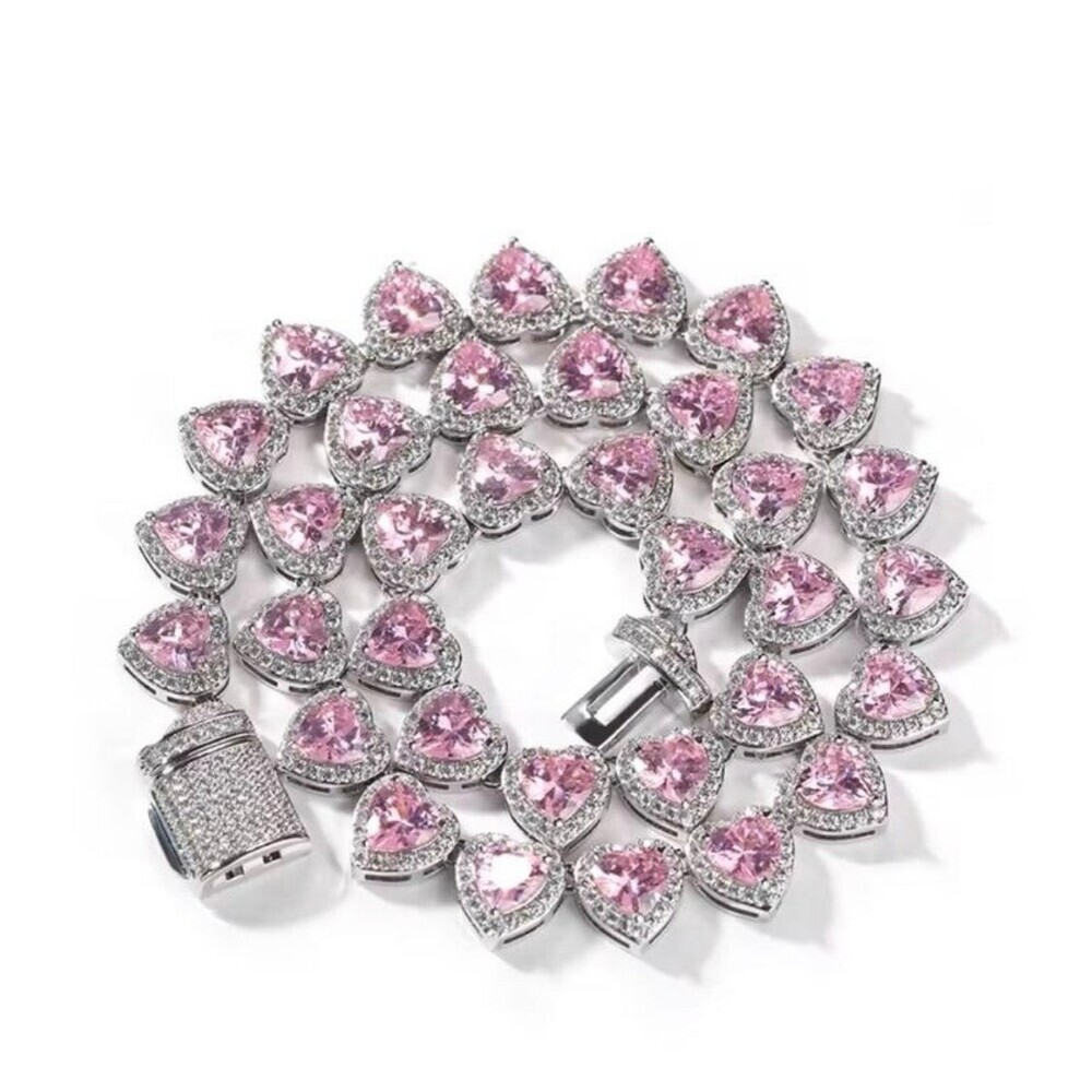 Heart Tennis Necklace, Iced Pink Heart Necklace, Luxury Crystal Heart Chain, Sta